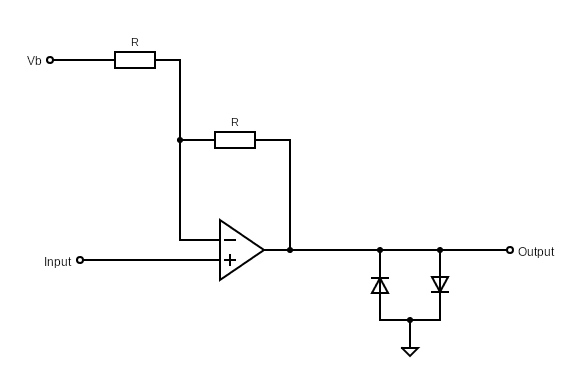 Wiring diagram showing hard clipping using an operational amplifier and diodes.