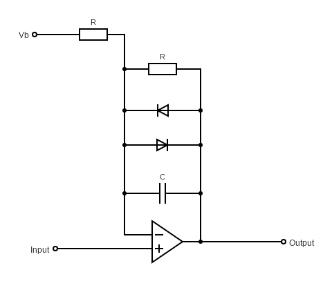 Wiring diagram showing soft clipping using an operational amplifier and diodes.