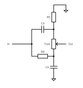 Electrical schematic showing the tone circuit for a Big Muff.