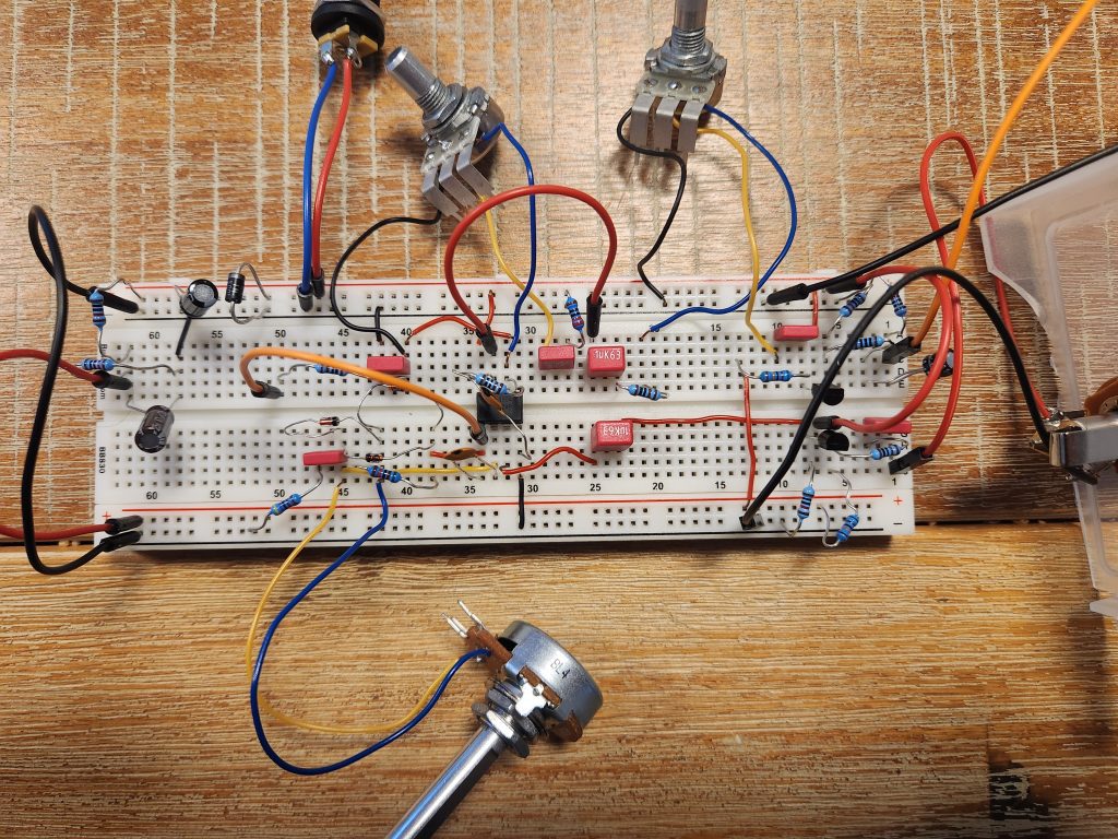 Electrical breadboard with the components for an Ibanez Tube Screamer wired in.