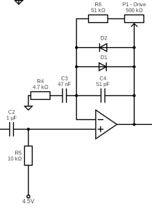 Wiring schematic of a Tube Screamer's clipping stage.