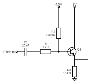 Wiring schematic for an Ibanez Tube Screamer's input buffer.