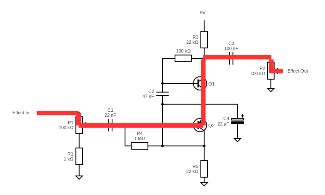 Wiring schematic showing the audio signal for a Harmonic Jerculator guitar pedal.