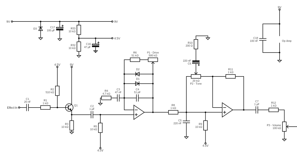 Wiring diagram for an Ibanez TS808 Tube Screamer.