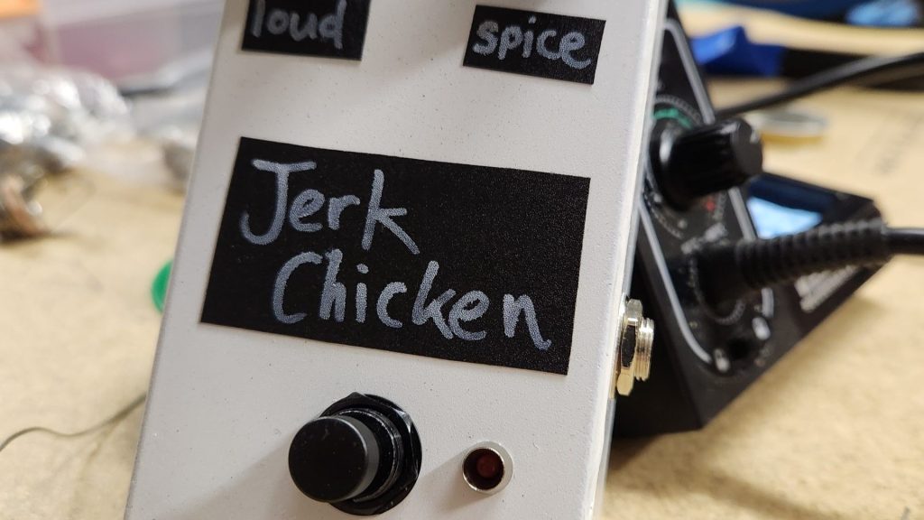 Completed guitar pedal of a Harmonic Jerculator pedal clone called the Jerk Chicken.