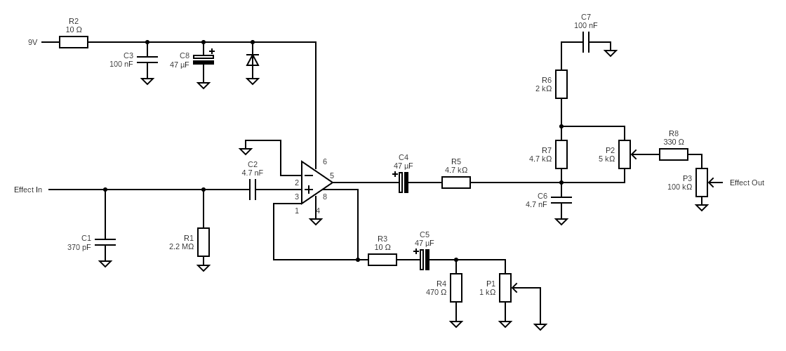 Wiring diagram for the Purple Plexi distortion pedal.