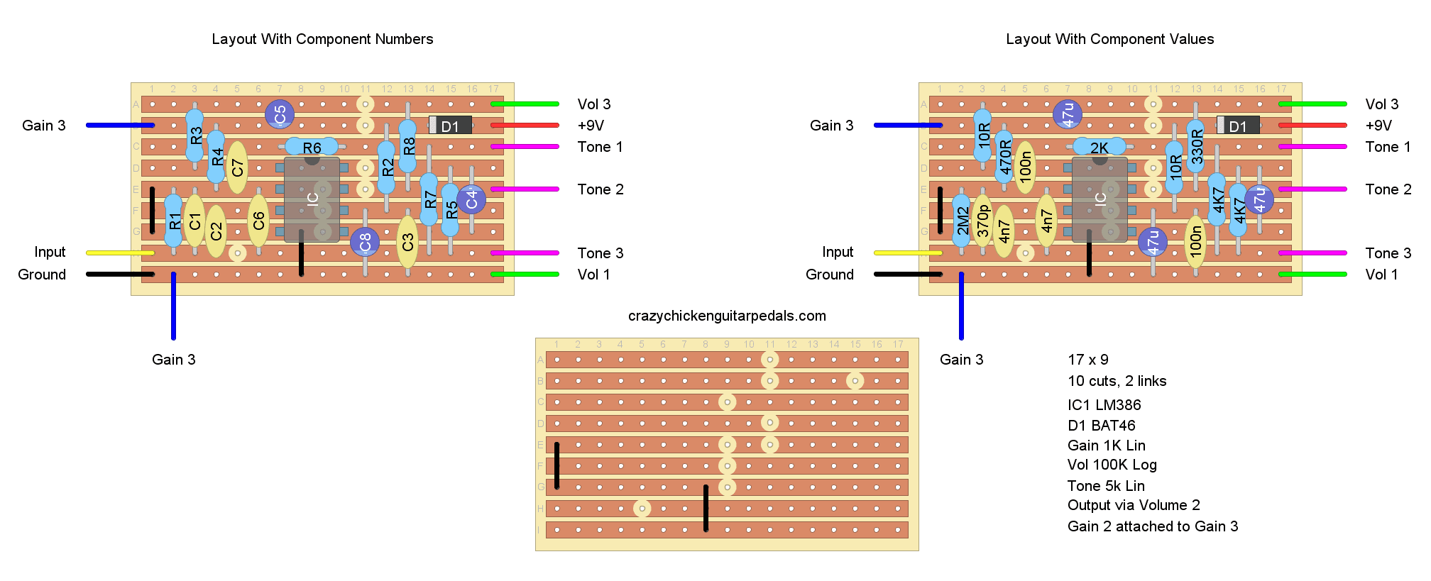 Stripboard layout of a Purple Plexi by Lovepedal