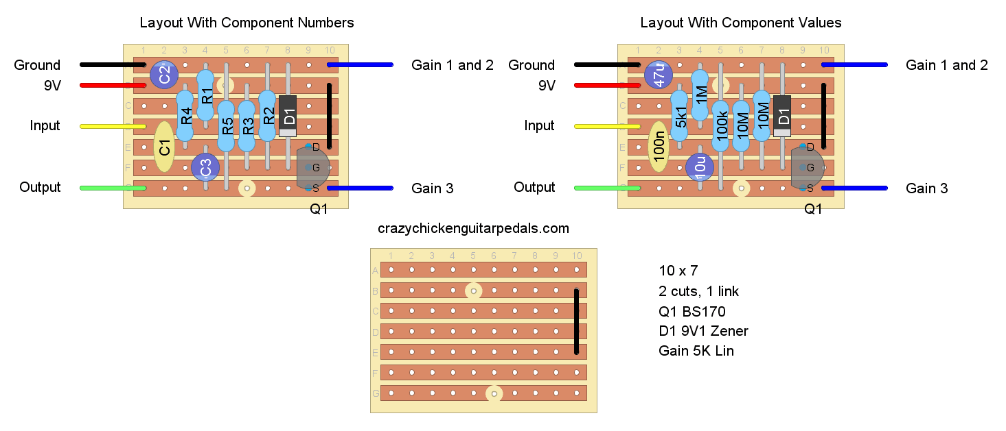 Stripboard layout for a ZVEX Super Hard On.