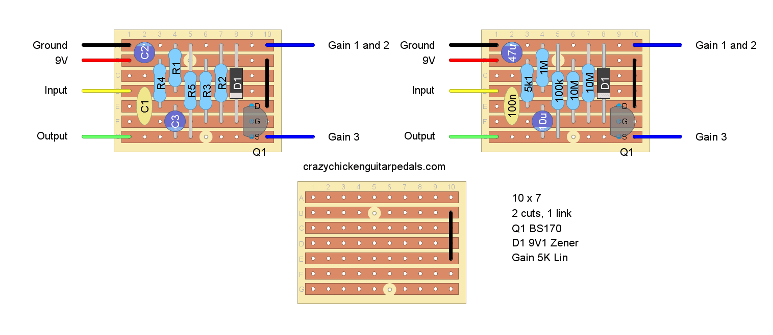Stripboard layout for a ZVEX Super Hard On boost pedal