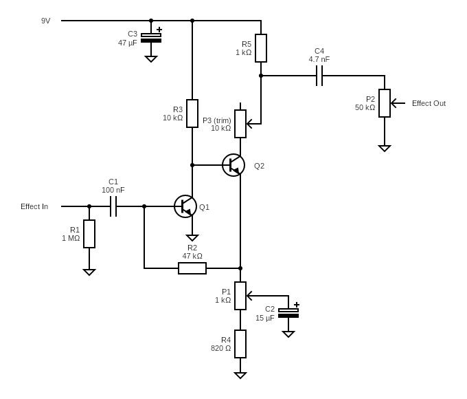 Wiring diagram for the NPN version of a Vox Tonebender.