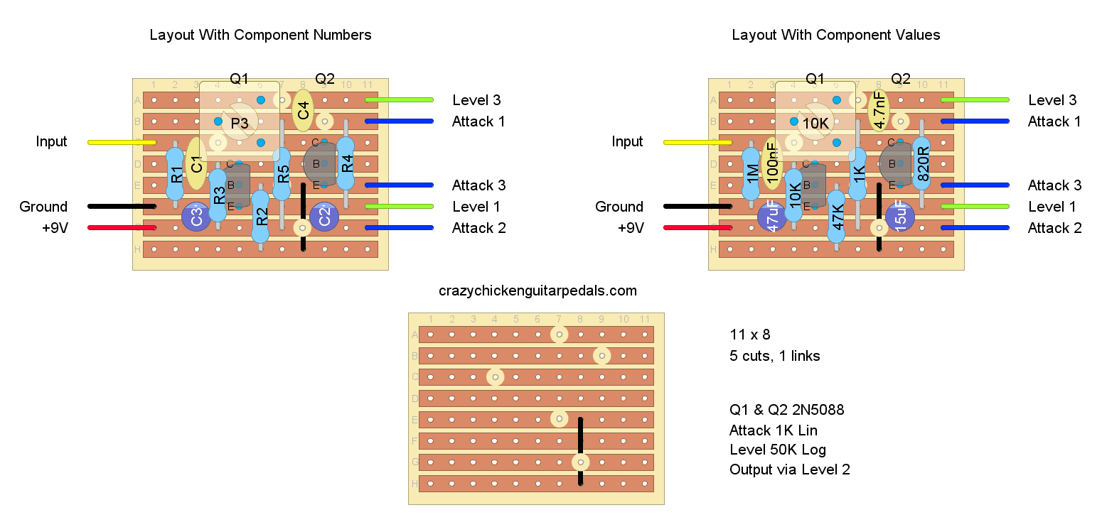Stripboard layout for the NPN version of a Vox Tonebender guitar pedal.