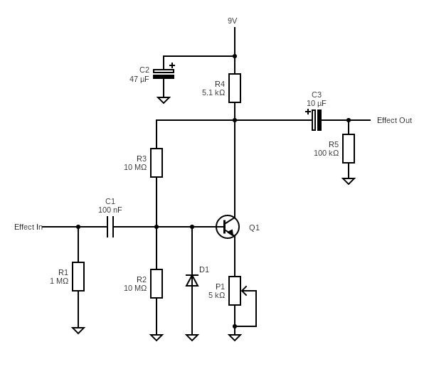 Wiring schematic for a ZVEX Super Hard On boost pedal.