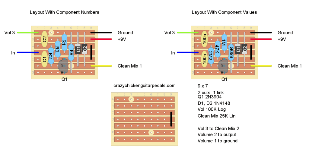 Stripboard layout for a Green Giant effects pedal by Greer Amps.