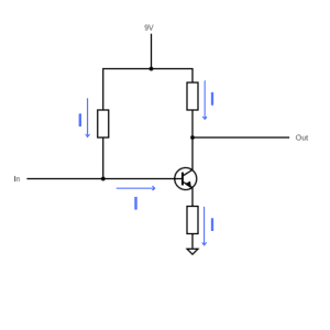 Simple circuit diagram showing current slow through a transistor.