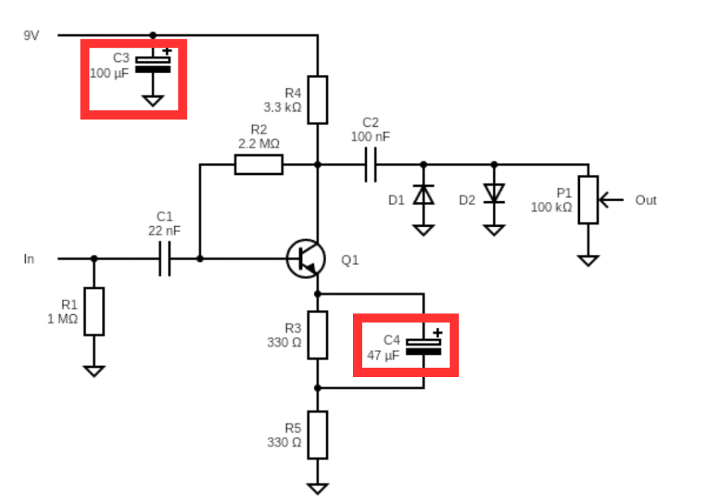 The circuit of a Lovepedal Purple Plexi showing the location of decoupling capacitors.