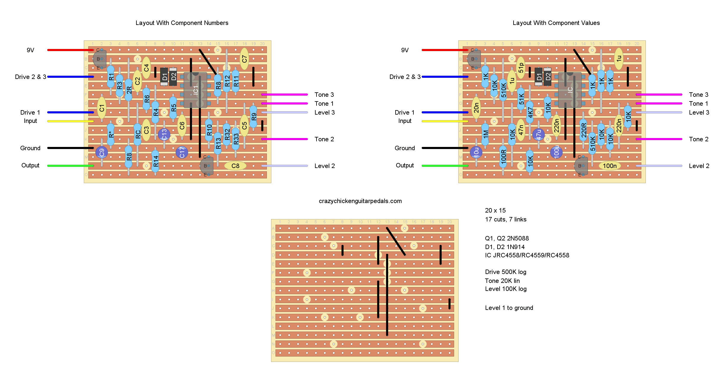 Stripboard layout for an Ibanez Tube Screamer guitar pedal.