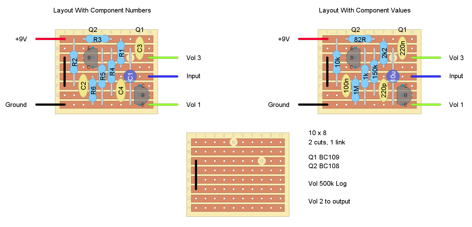 Stripboard layout for a Colorsound One Knob fuzz guitar pedal.