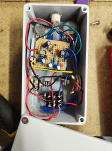 Inside wiring of a DIY Lemon Drop overdrive pedal.