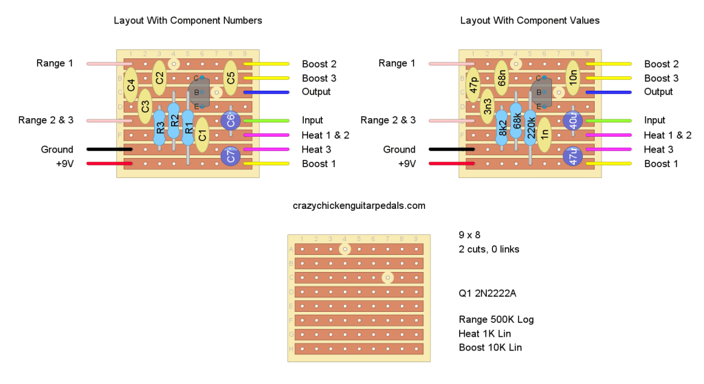 Stripboard layout for a Catalinbread Naga Viper guitar effect pedal.