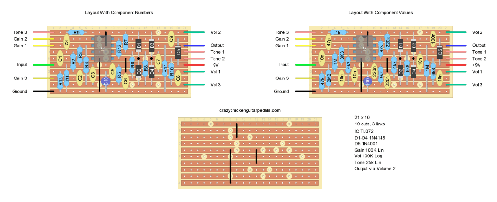 Stripboard layout for a Marshall Bluesbreaker guitar pedal.