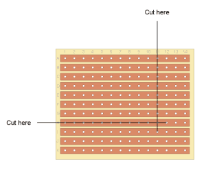 Diagram showing where to cut stripboard.