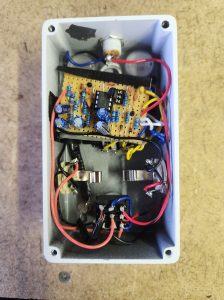 Inside wiring of a DIY ProCo Rat guitar pedal.