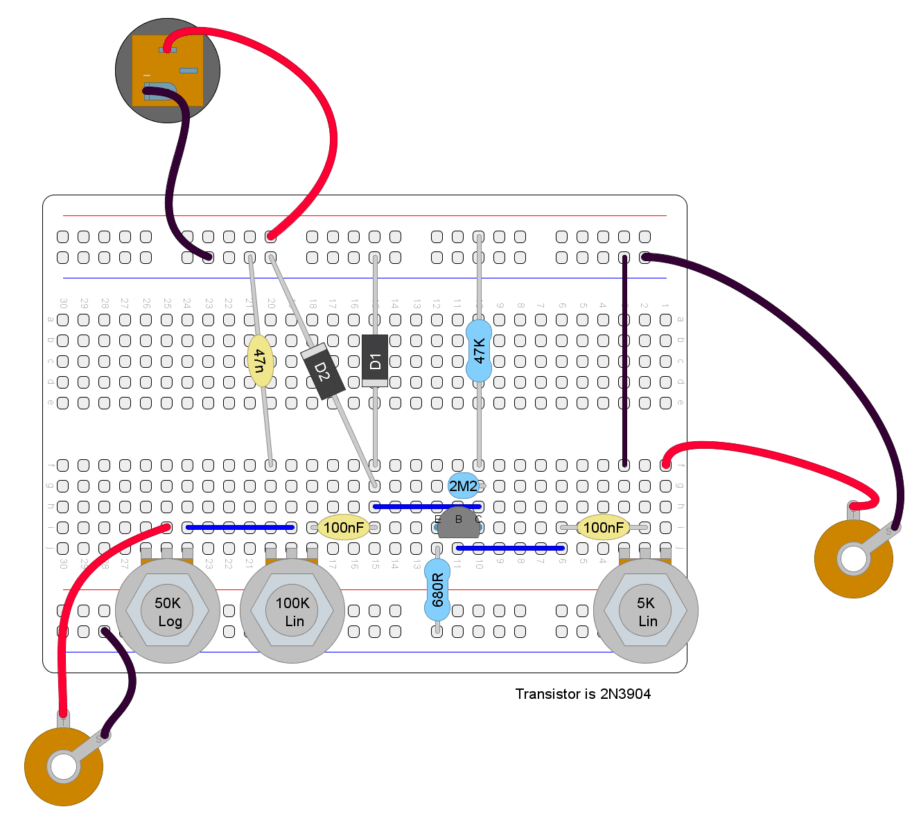 Diagram of an Electra Distortion circuit with minor modifications on a bread board.