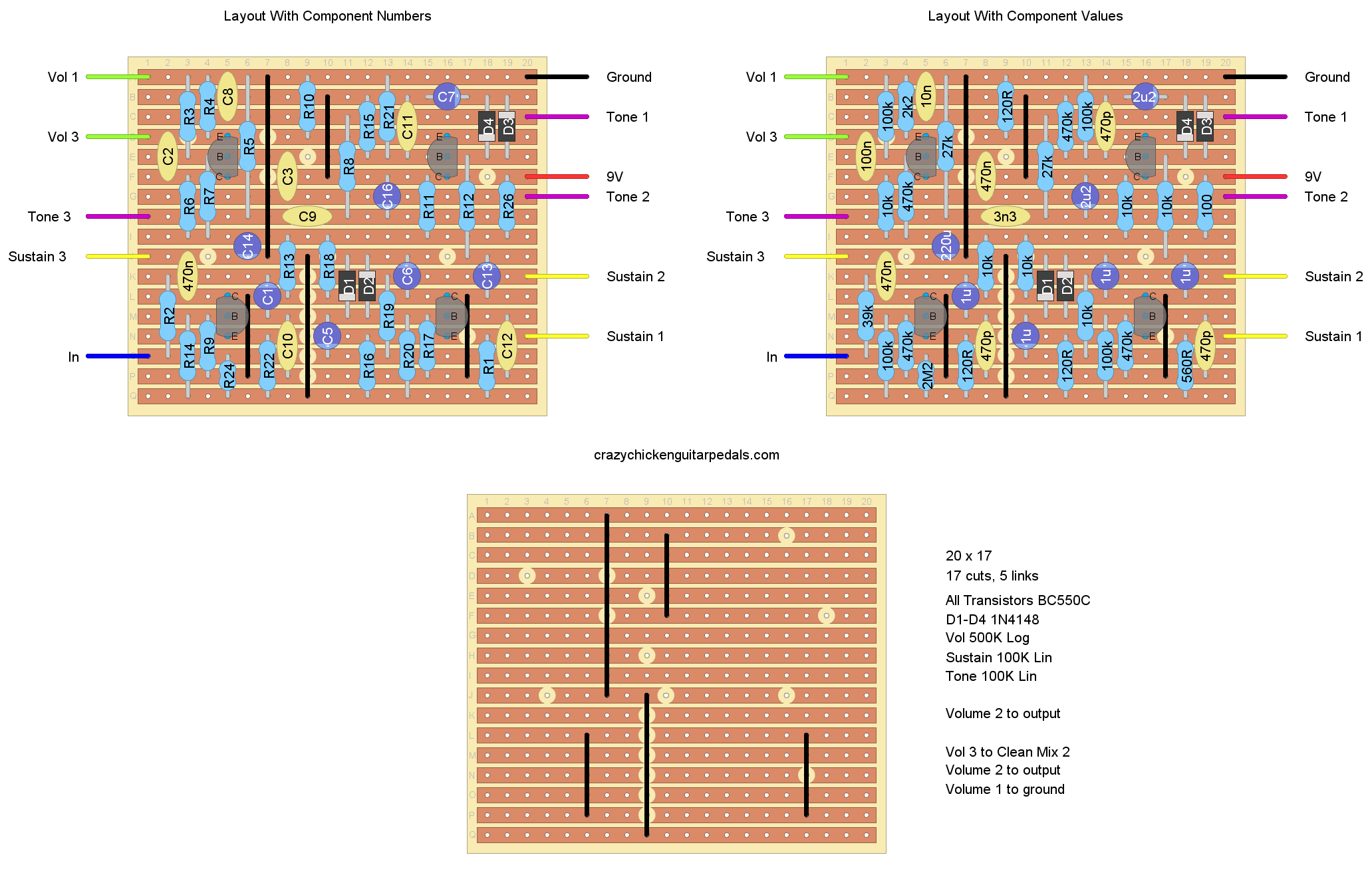 Stripboard layout for an Electro-Harmonix Big Muff guitar pedal.