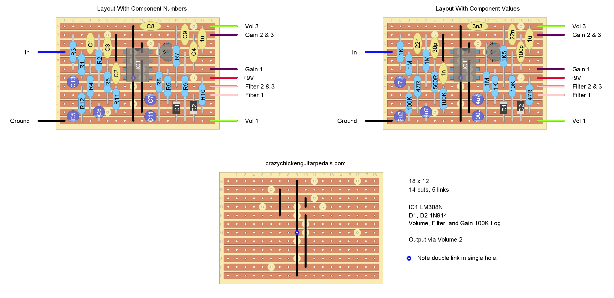 Stripboard layout for a ProCo Rat guitar pedal.