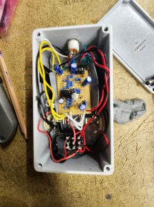 Inside wiring of a DIY EQD Hummingbird tremolo pedal.